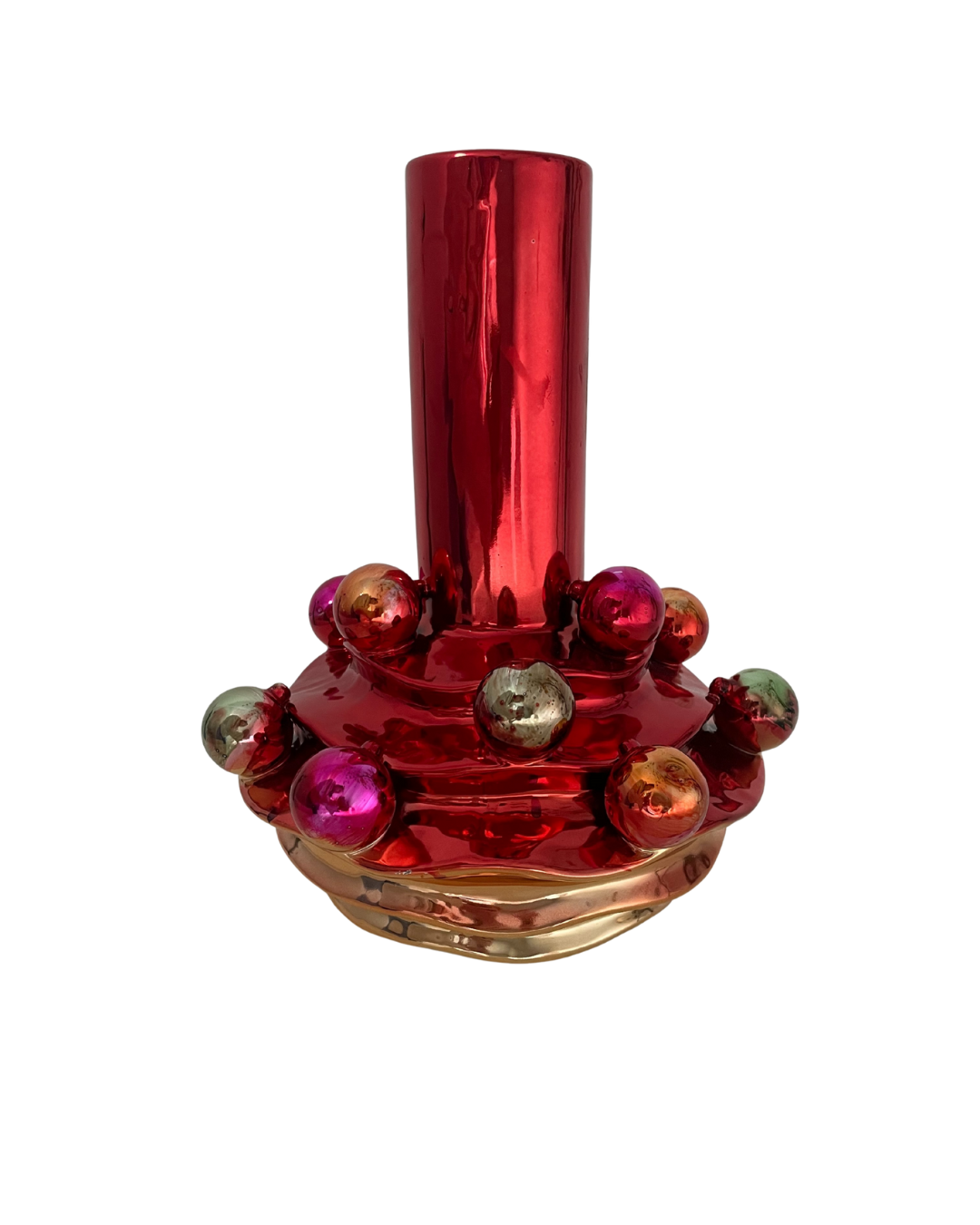 Rood en gouden glanzende vaas met 3D kerstballen