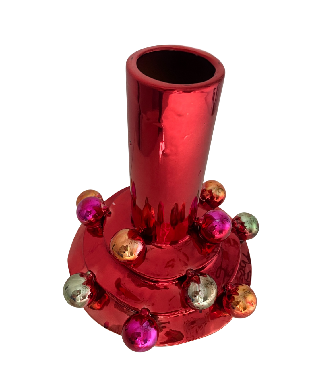 Rood en gouden glanzende vaas met 3D kerstballen